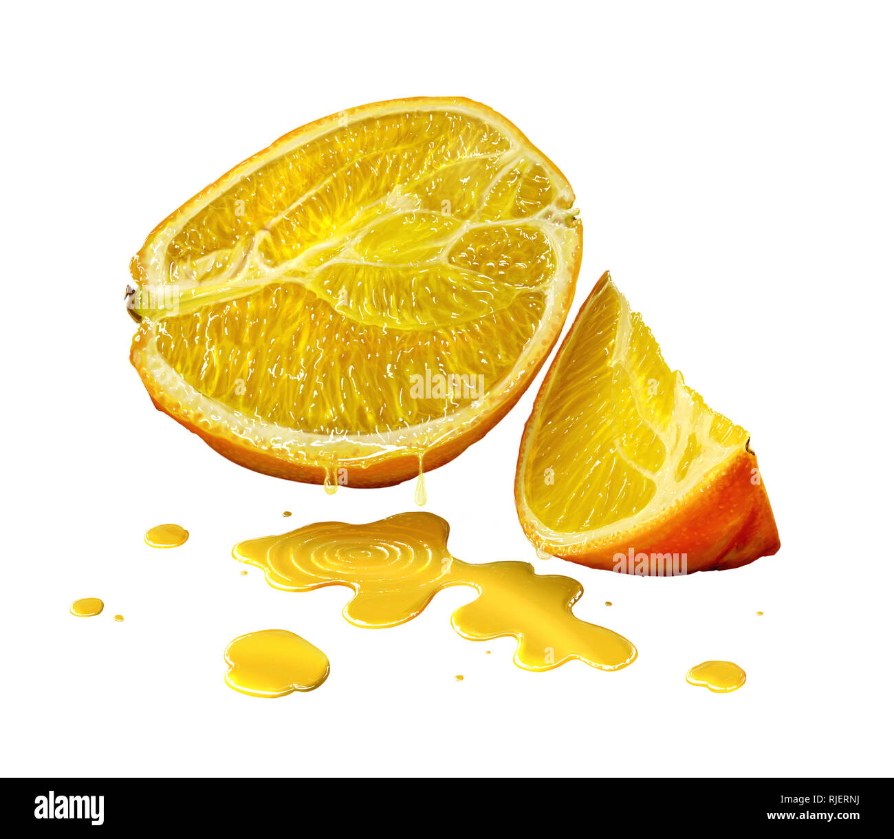Digital Painting of Orange Fruit and Juice Isolated on White Background Stock Photo