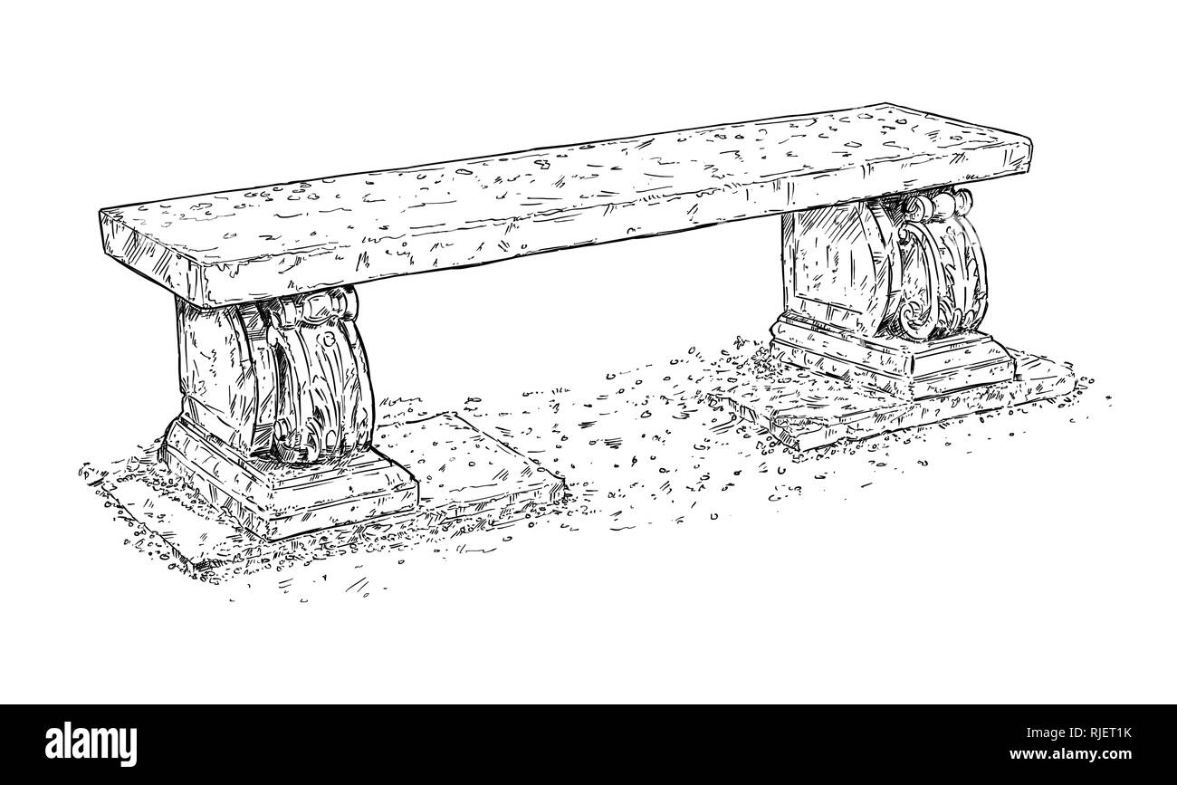 Drawing of Old Antique Outdoor Park or Garden Stone Bench or Seat Stock Photo