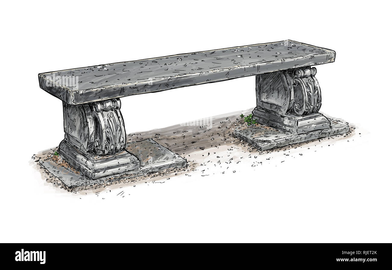 Digital Illustration of Old Antique Outdoor Park or Garden Stone Bench or Seat Stock Photo
