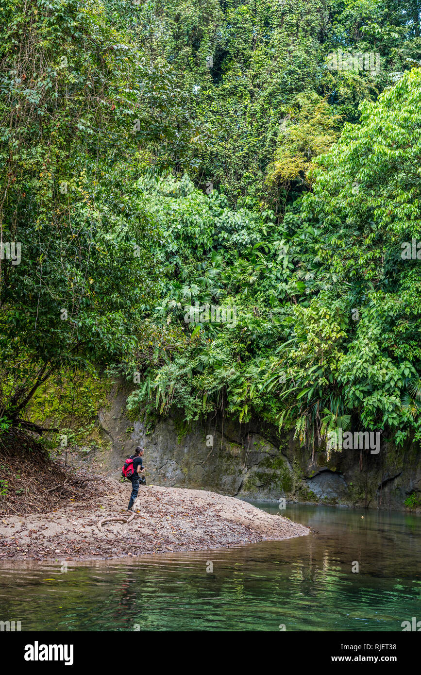 A nice photograph of a man taking pictures of the beautiful and scenic landscape surrounding a shallow jungle river at Drake Bay, Costa Rica Stock Photo