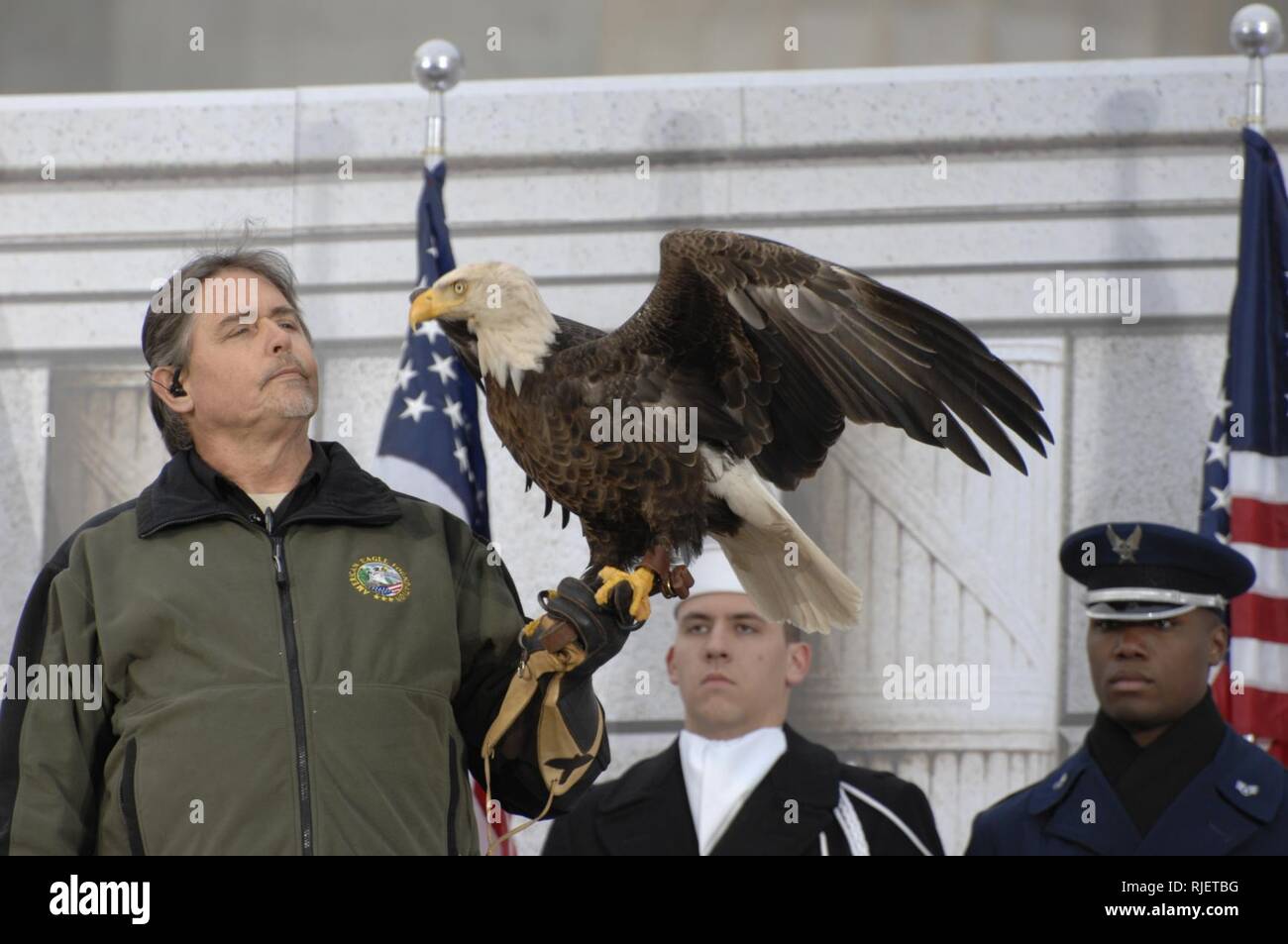 an american bald eagle symbol of the united states stretches his wings during the inaugural opening ceremonies jan 18 2009 at the lincoln memorial more than 5000 men and women in uniform are providing military ceremonial support to the presidential inauguration a tradition dating back to george washingtons 1789 inauguration RJETBG