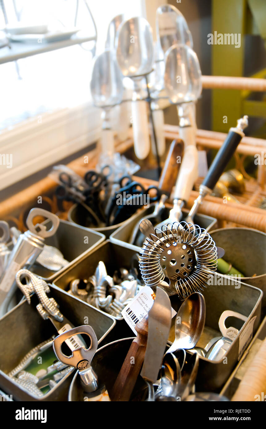 Kitchen items and assorted cookware is displayed at Franklin Cruise, a gift shop on cruise street in Corinth, Mississippi. Stock Photo