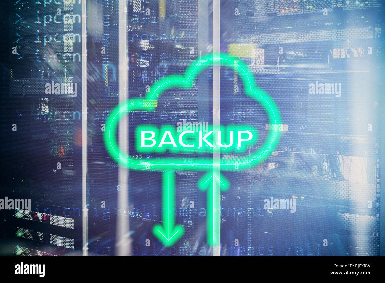 Backup button on modern server room background. Data loss prevention ...