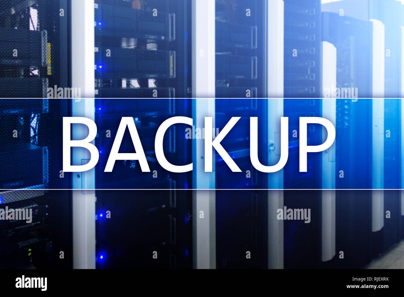 Backup button on modern server room background. Data loss prevention ...