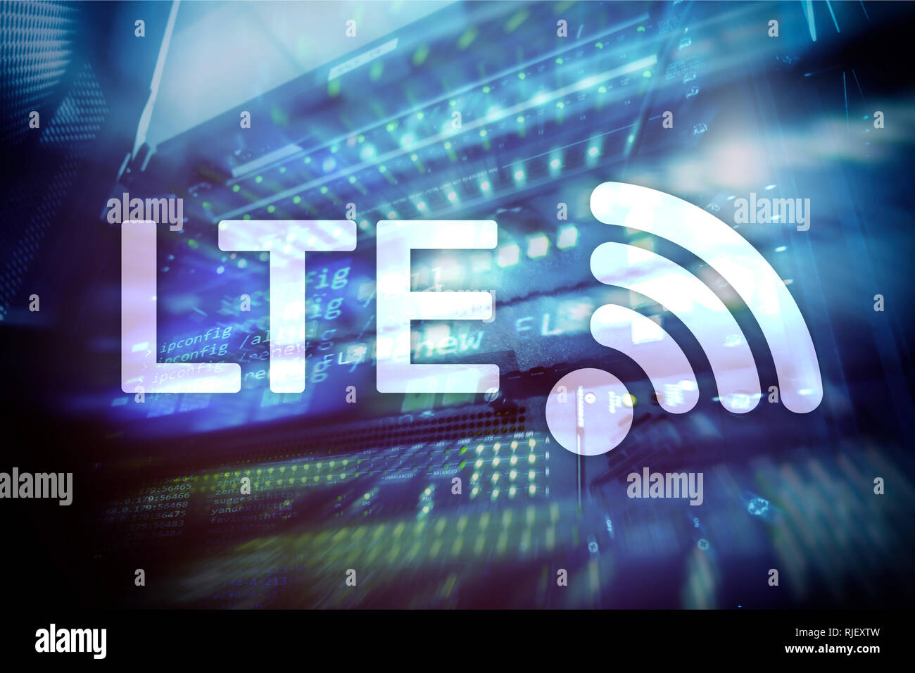 LTE, 5g wireless internet technology concept. Server room. Stock Photo