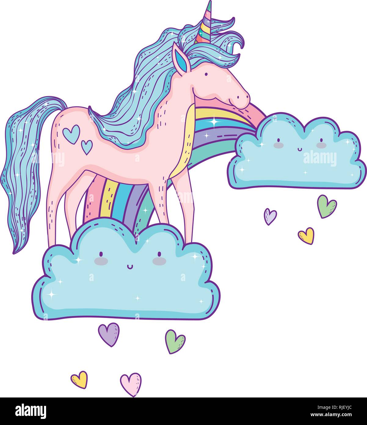 beautiful little unicorn in the clouds and rainbow Stock Vector Image ...