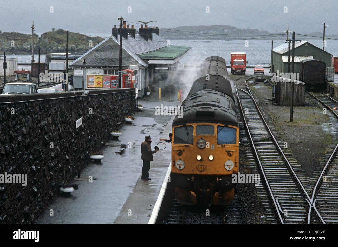 British Rail diesel train in Kyle of Lochalsh railway station with Isle