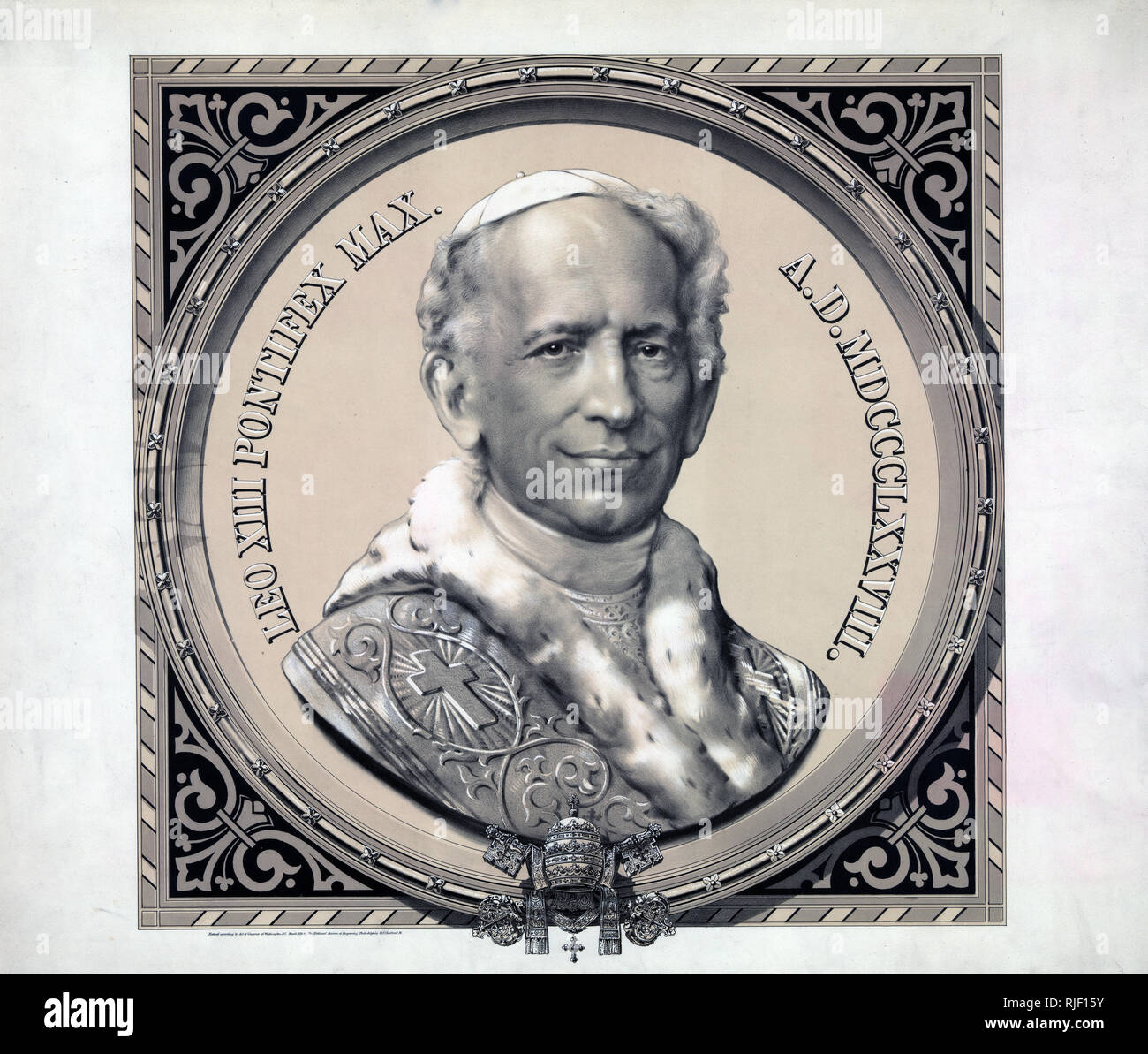 Print showing Pope Leo XIII, bust portrait, facing front, in medallion, 'surrounded by an ornamental border, representing the Holy Father, dressed in his usual robes, with stole, ermine and solideo cap on his head' and the papal crown, a tiara, with crossed keys at the base of the medallion. Stock Photo