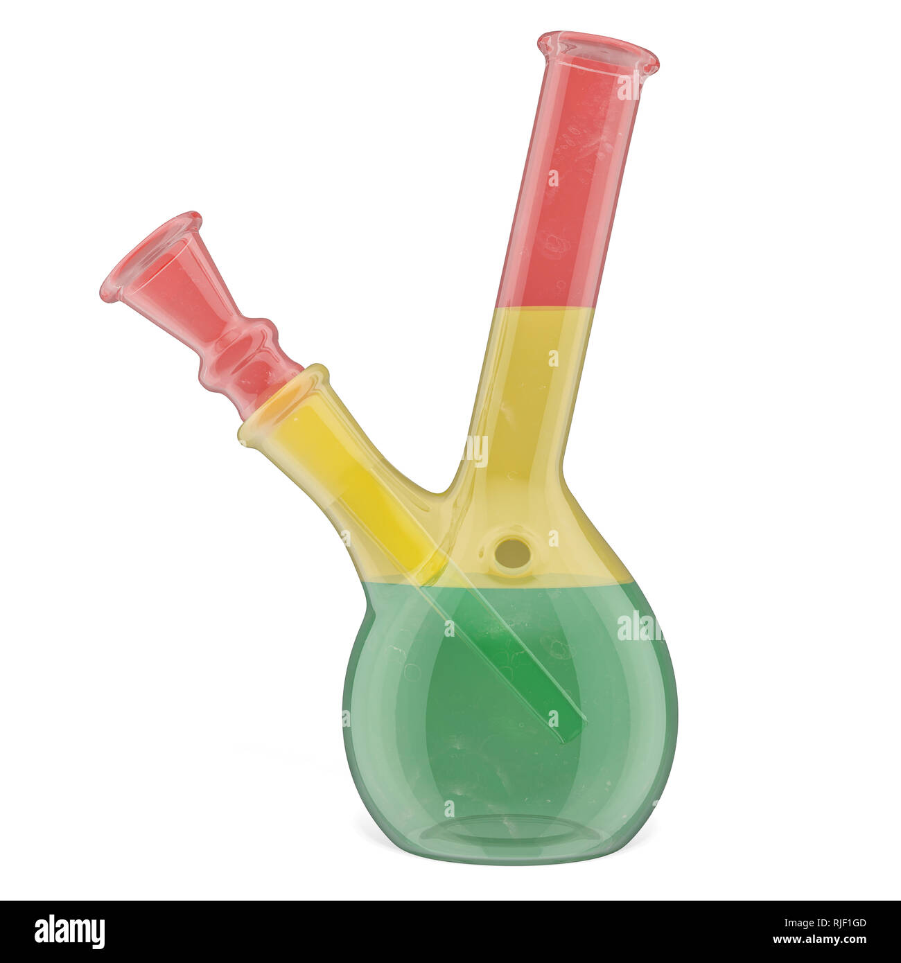 Glass bong in rasta flag colors, 3D rendering isolated on white background Stock Photo