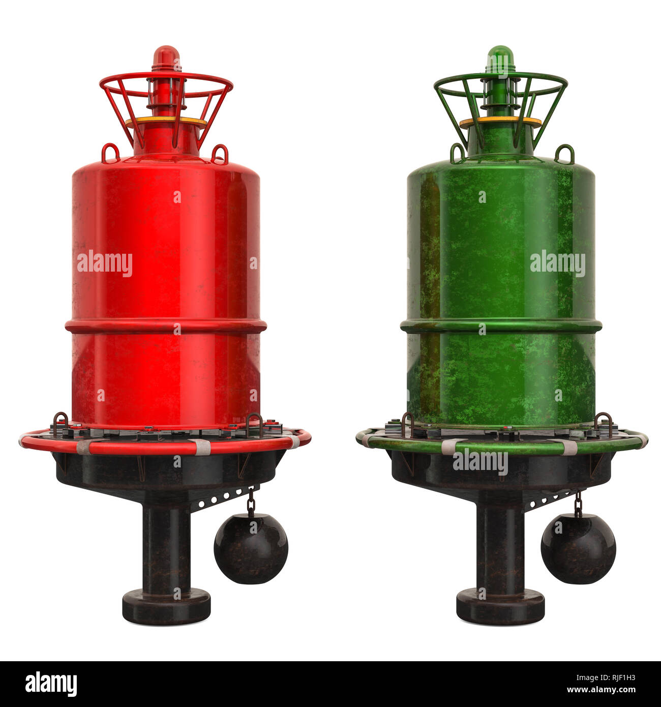 Red and green navigational buoys, 3D rendering isolated on white