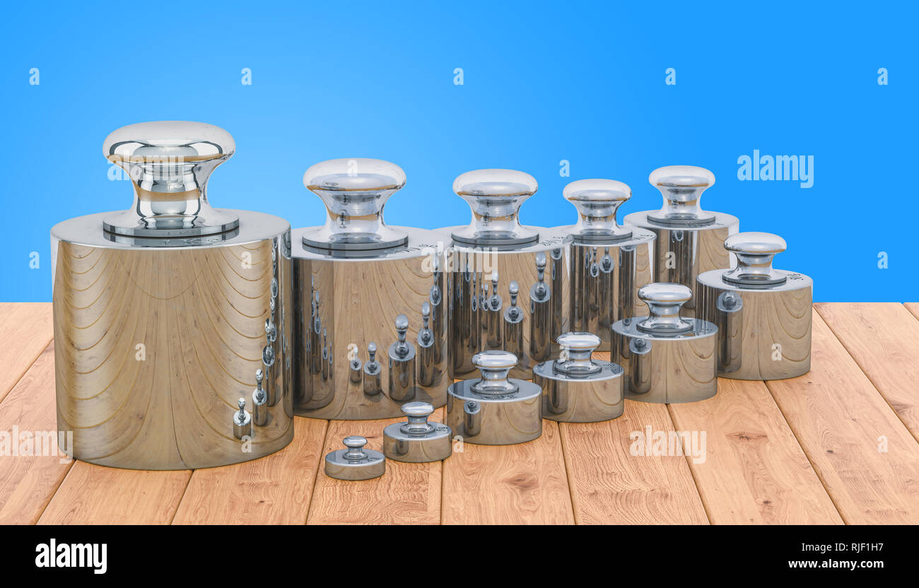 Weights Scale Calibration Set on the wooden table, 3D rendering Stock Photo