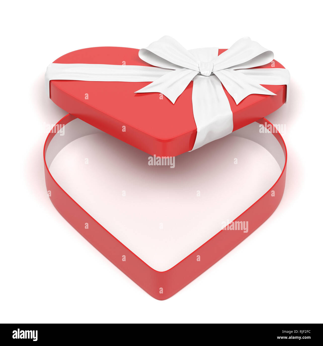 Red gift box in heart shape. Open empty container decorated with white ribbon bow. 3D illustration Stock Photo