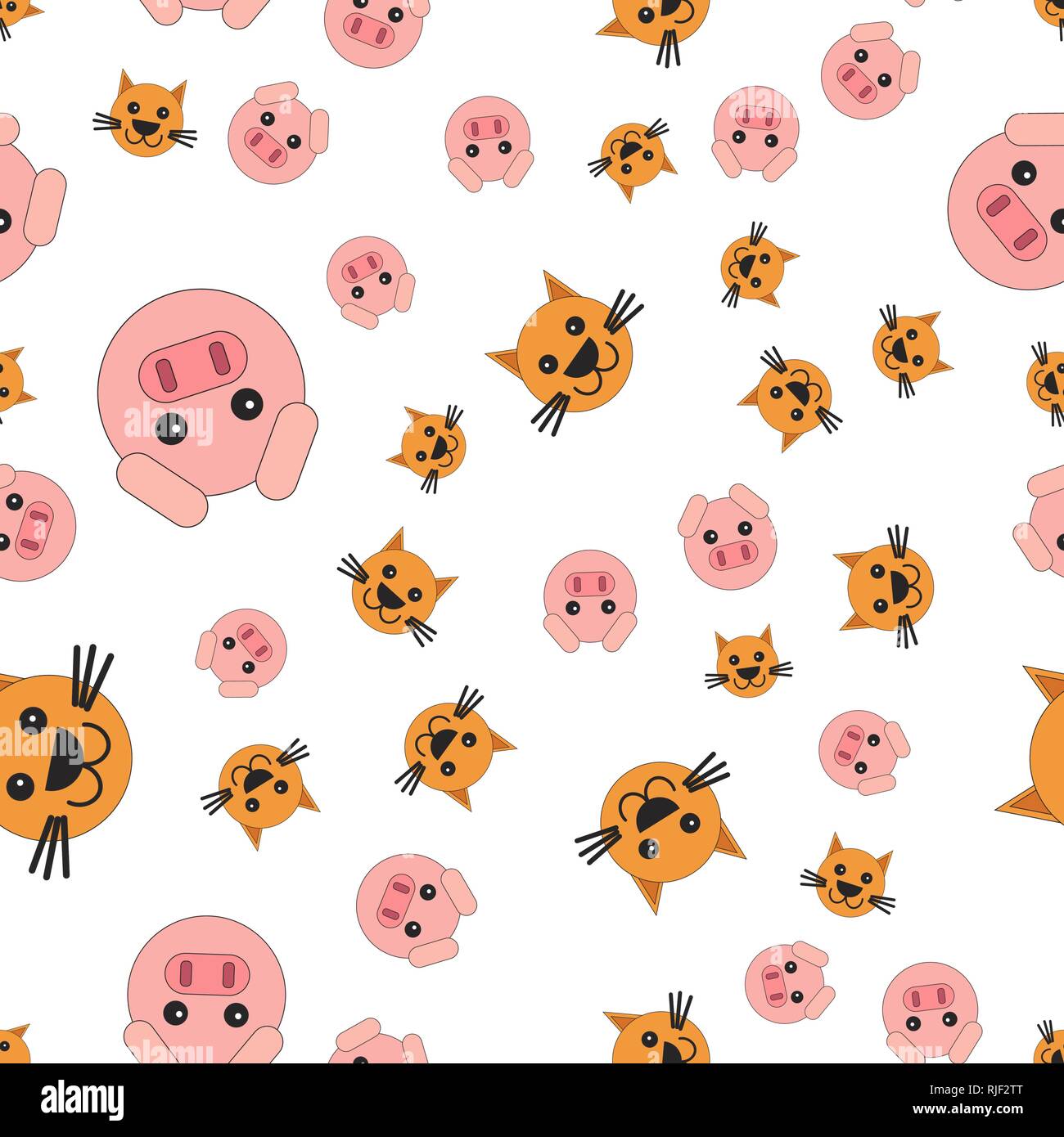 Seamless pattern of pig and cat heads. Vector illustration in cartoon style. Stock Vector