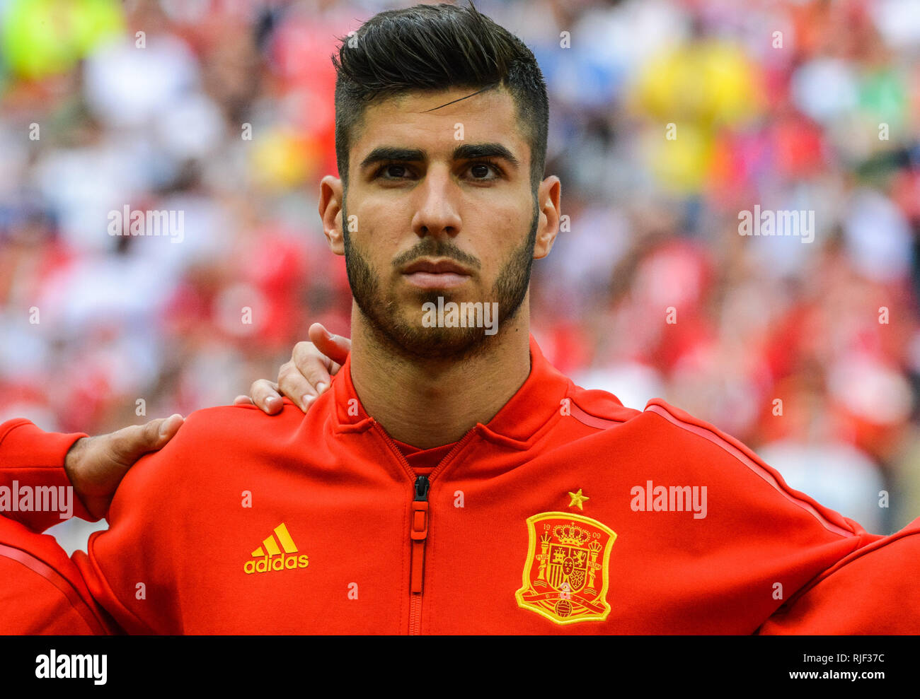 Moscow, Russia - July 1, 2018. Spain national football team midfielder Marco Asensio before FIFA World Cup 2018 Round of 16 match Spain vs Russia. Stock Photo