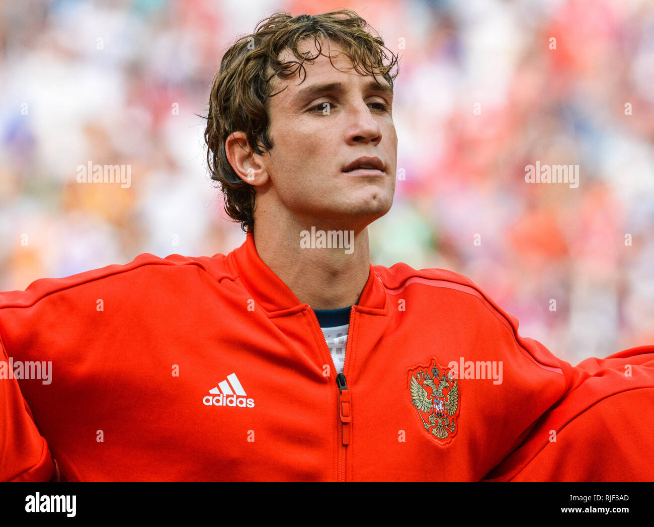 Moscow, Russia - July 1, 2018. Russia national football team defender Mario Fernandes before FIFA World Cup 2018 Round of 16 match Spain vs Russia. Stock Photo