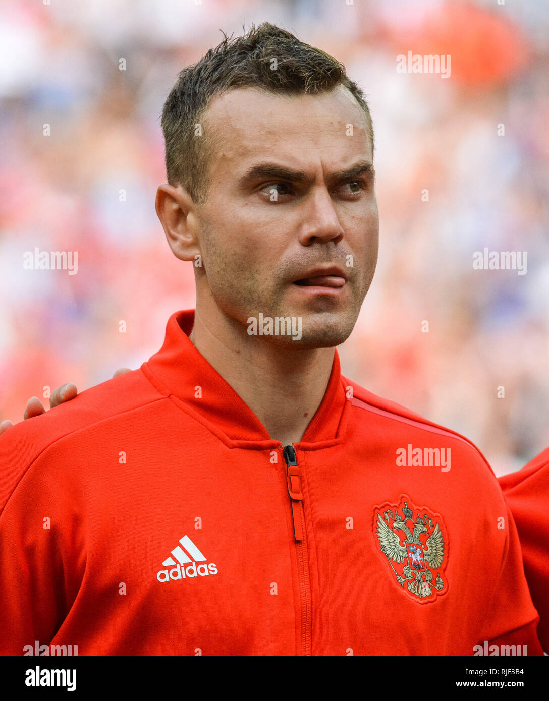 Moscow, Russia - July 1, 2018. Russian national football team goalkeeper Igor Akinfeev before FIFA World Cup 2018 Round of 16 match Spain vs Russia. H Stock Photo