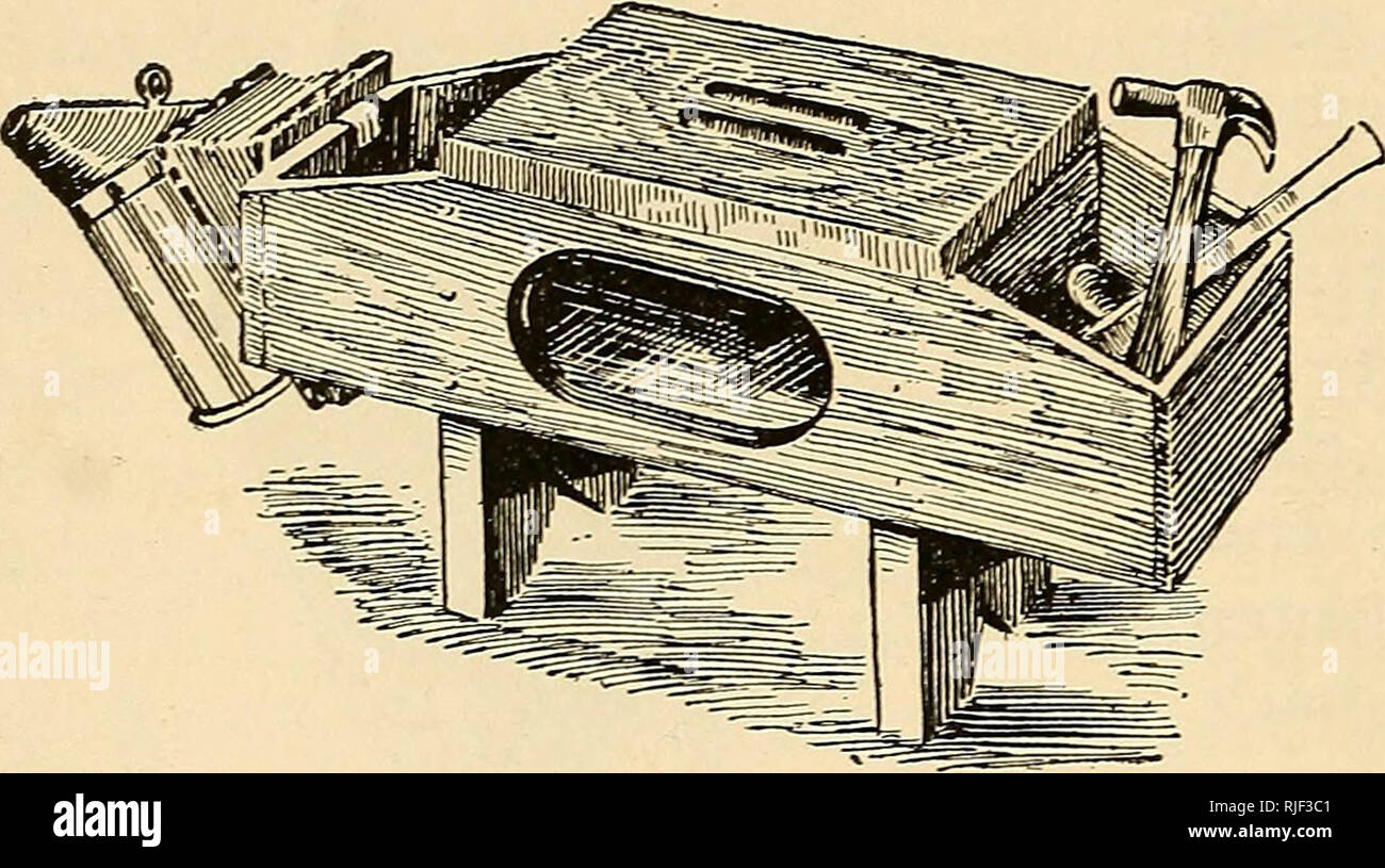 Beekeeping; a discussion of the life of the honeybee and of the production  of honey. Bee culture; Honey. 32 Beekeeping. Fig. 29. — Tool-box seat.  bees. A hive cover on edge