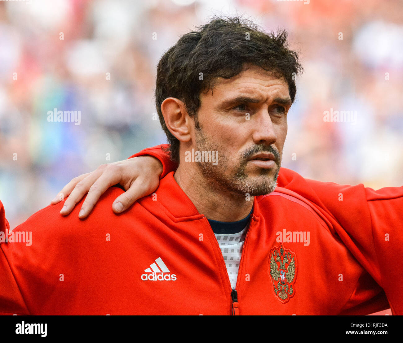Moscow, Russia - July 1, 2018. Russia national football team midfielder Yury Zhirkov before FIFA World Cup 2018 Round of 16 match Spain vs Russia. Stock Photo