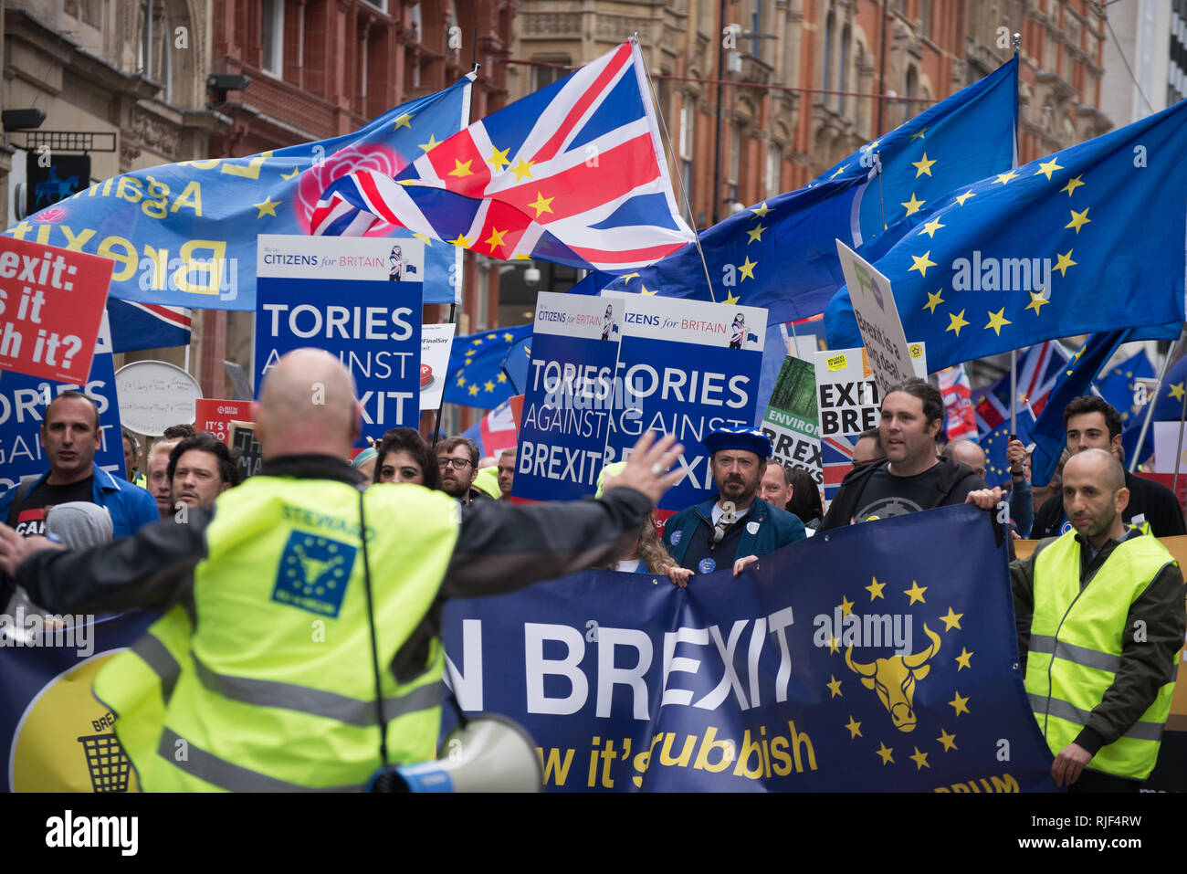 People participate in the '#BinBrexitInBrum' demonstration in Birmingham, United Kingdom on Sunday, September 30, 2018. The demonstration was held to  Stock Photo