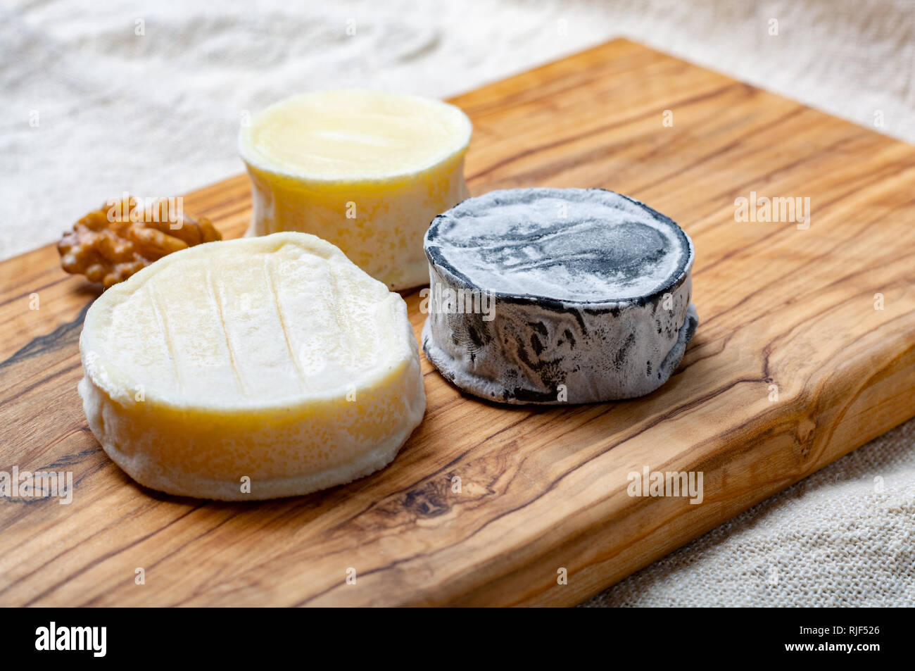 Assortment of French soft goat cheeses, Chevre Cendre, Cabecou Du