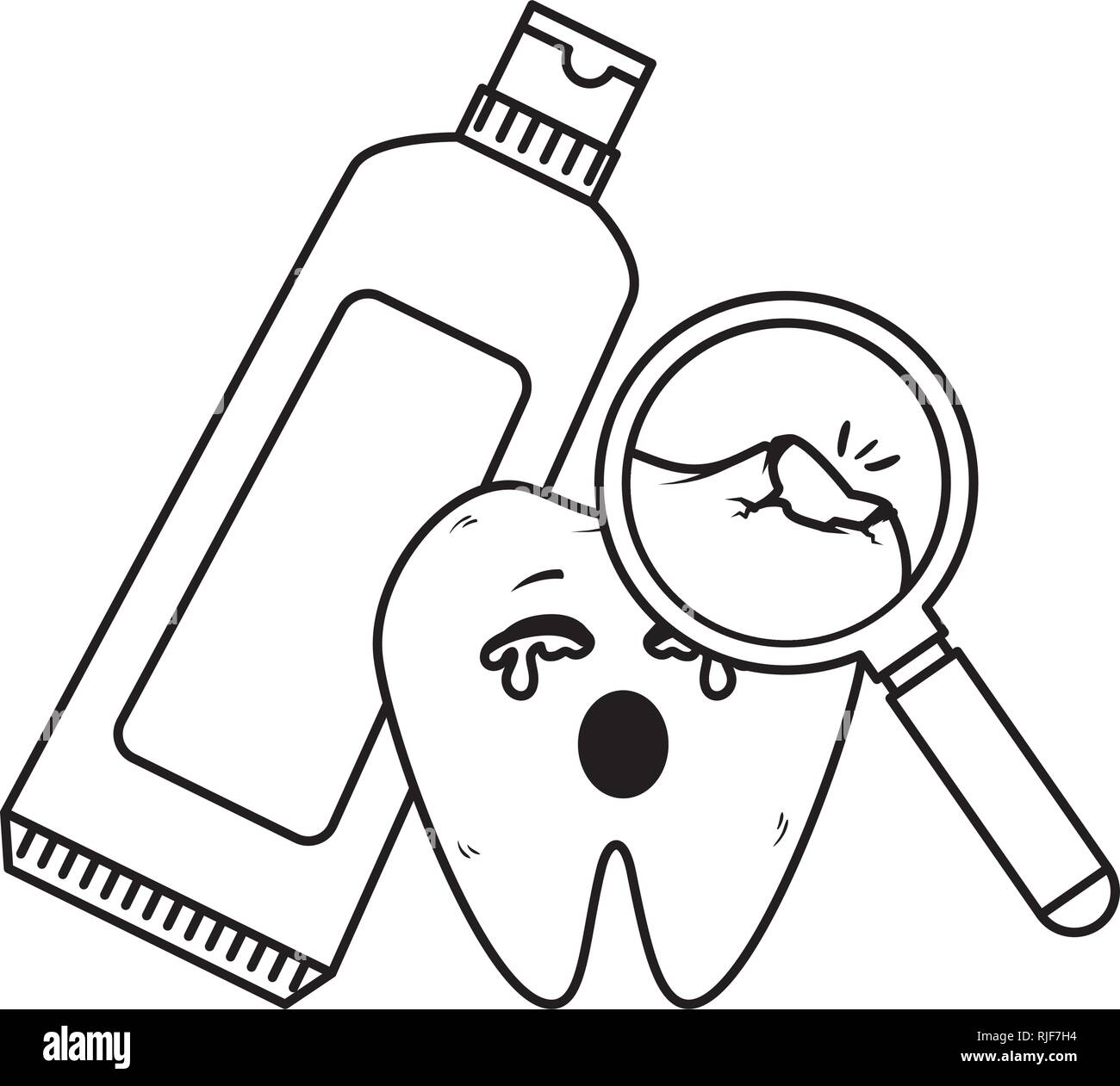 comic tooth with toothpaste and magnifying glass Stock Vector Image