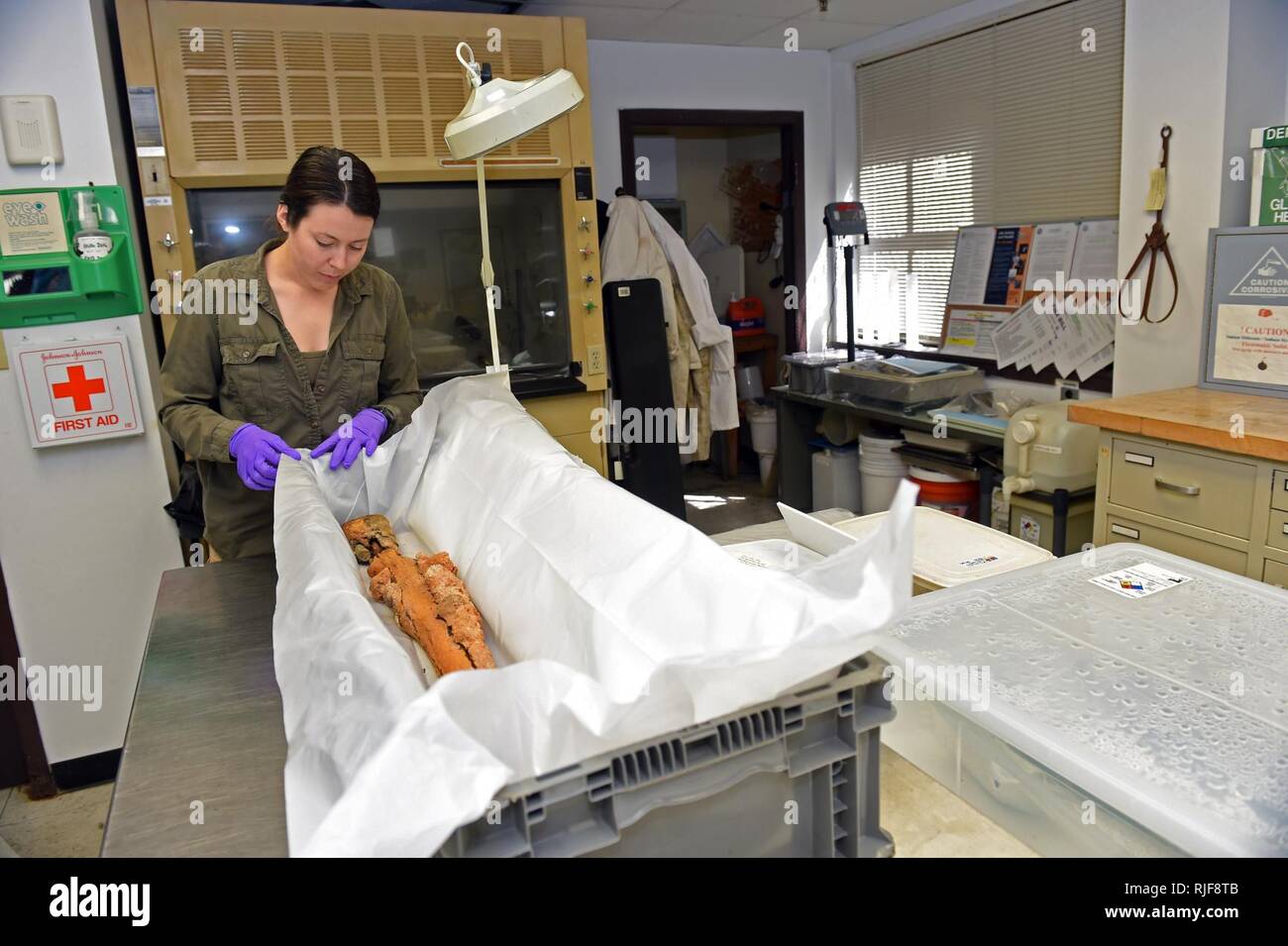 WASHINGTON (Aug. 17, 2016) Kate Morrand, an archaeological conservator at Naval History and Heritage Command’s (NHHC) Underwater Archaeology Branch, displays an M1 Garand rifle used by U.S. Marine Corps Raiders during the World War II attack on Japanese military forces on Makin Island. Due to the rifle’s significant surface concretions, corrosion and other physical damage, NHHC Underwater Archaeology Branch is performing an assessment of the artifacts stability. Stock Photo