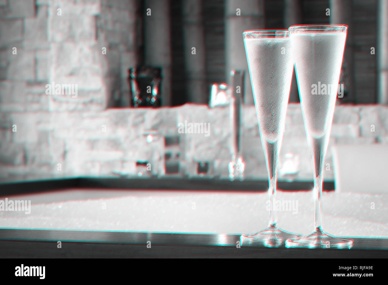 Two glasses of champagne near jacuzzi. Valentines background. Romance
