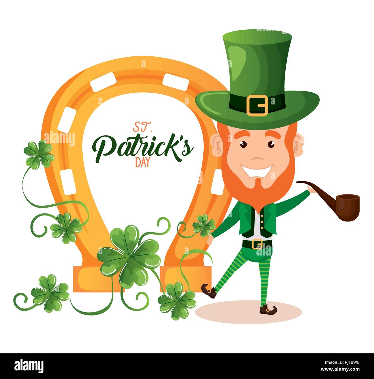 leprechaun with horseshoe saint patrick card Stock Vector