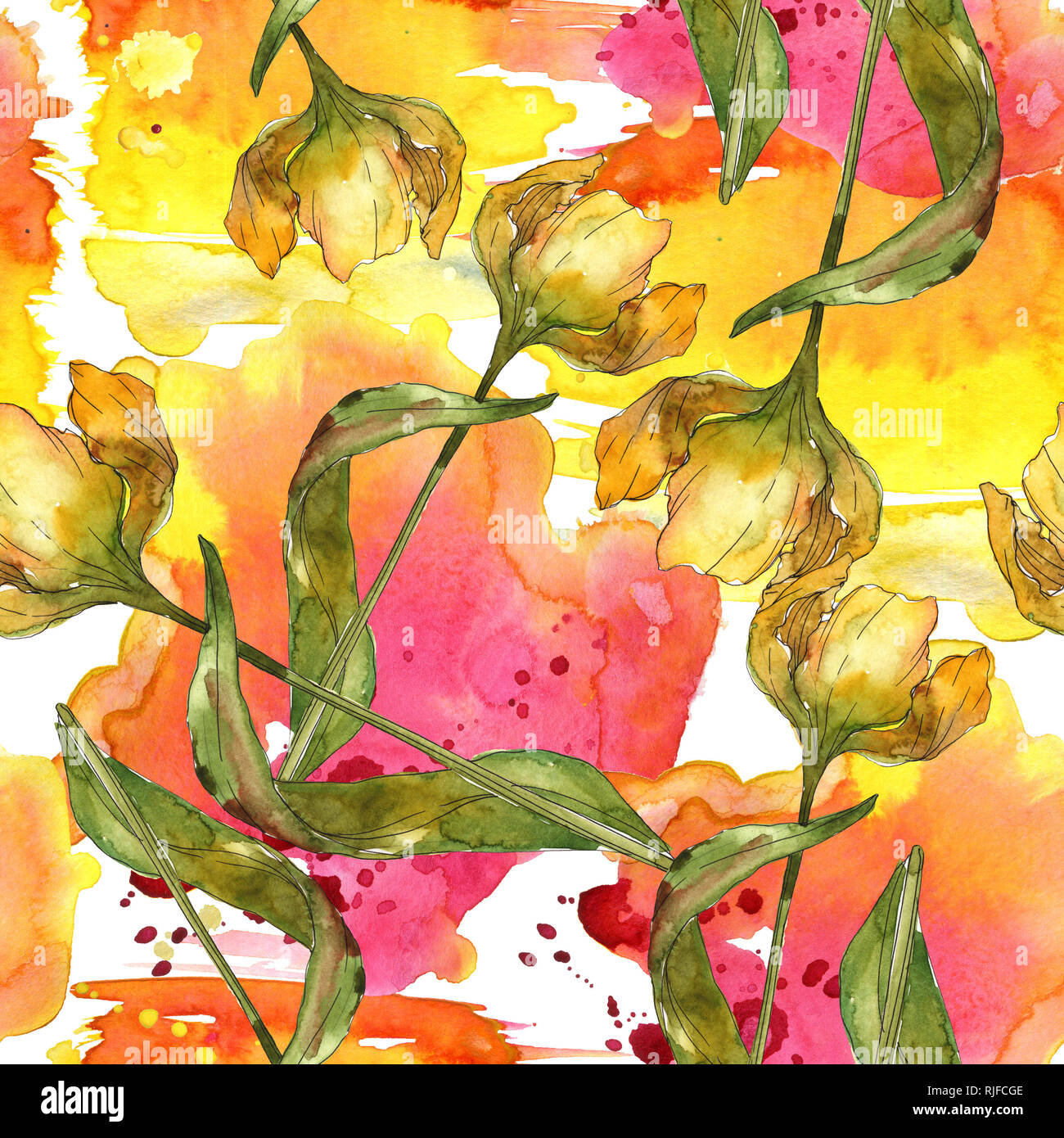 Yellow tulip botanical flower. Wild spring leaf isolated. Seamless ...