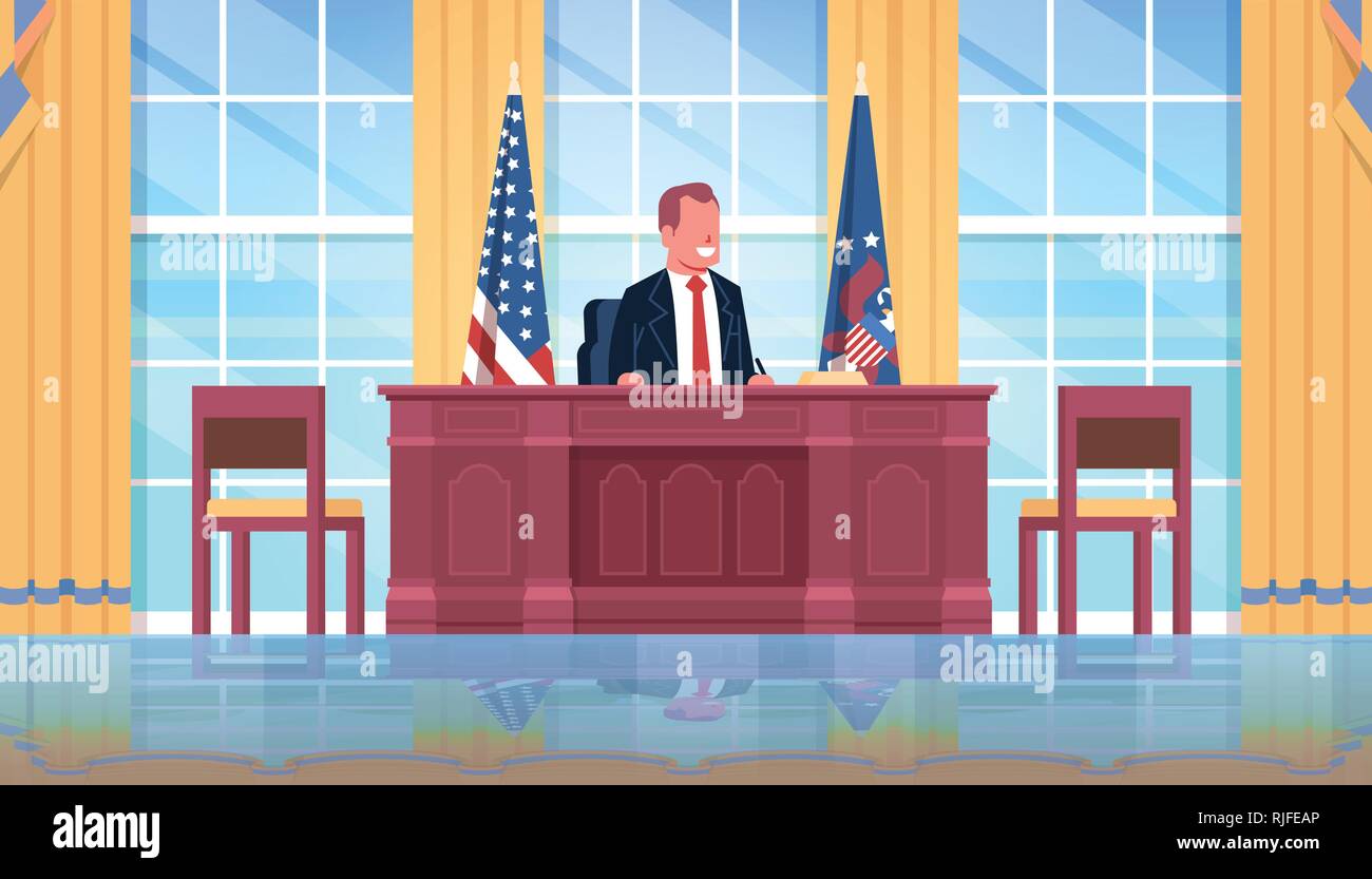 president sitting workplace wooden furniture USA national flag oval office white house cabinet interior male leader of the united states portrait flat Stock Vector