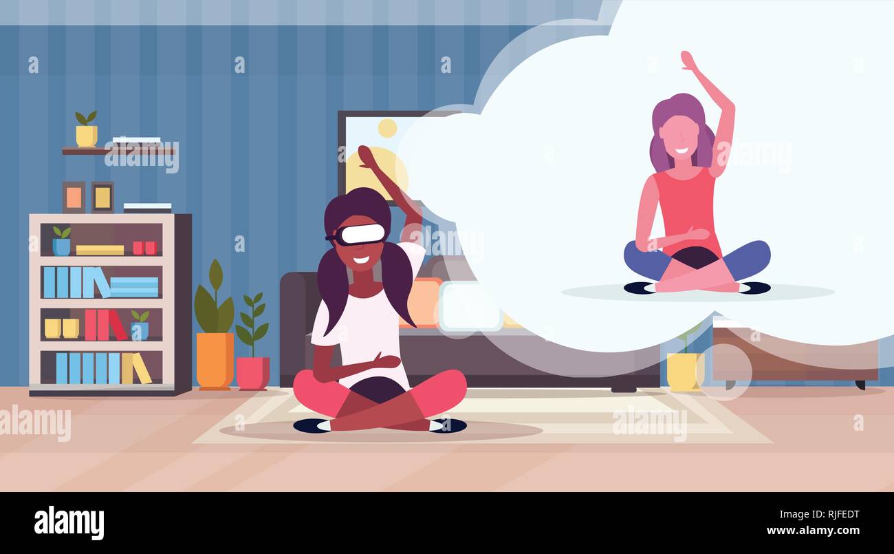 girl sitting lotus pose wearing digital glasses virtual reality woman