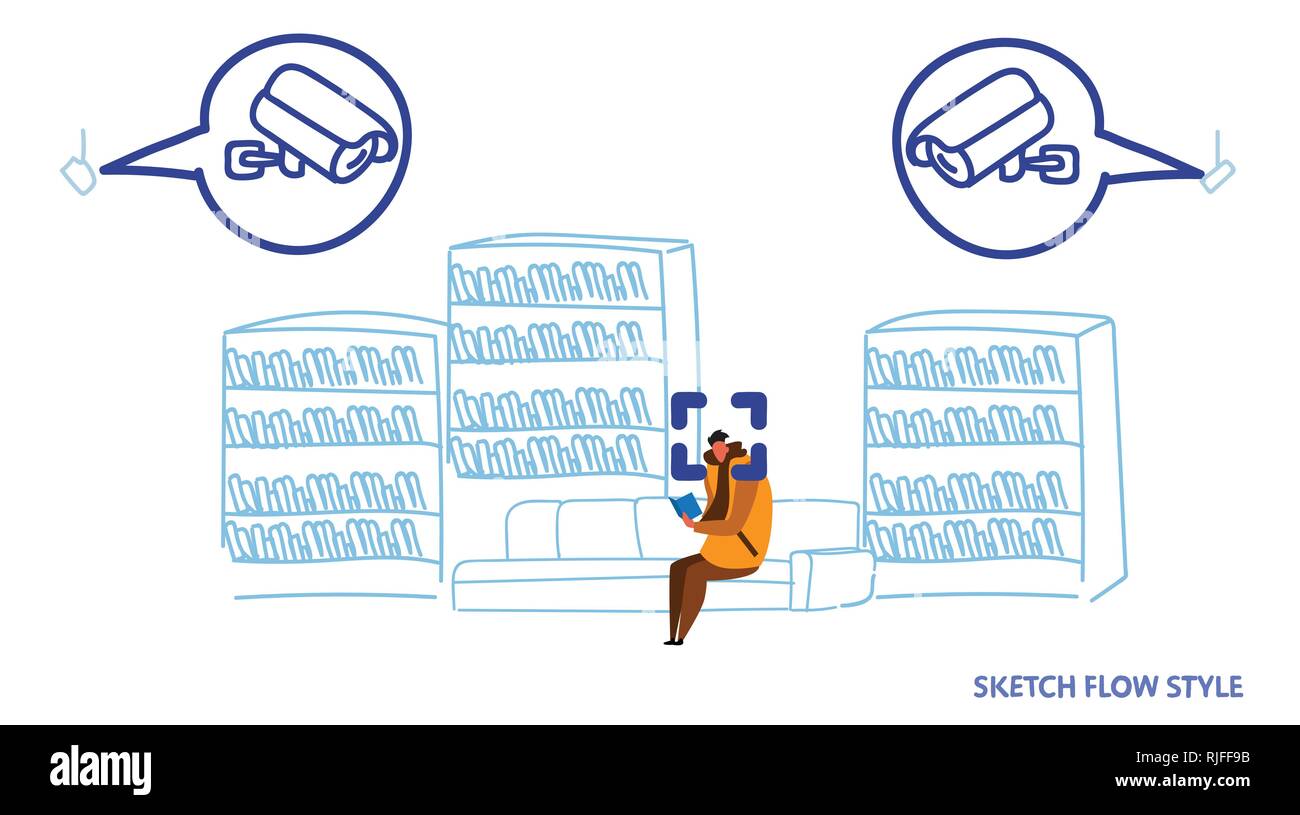 casual man sitting couch reading book cctv facial recognition concept