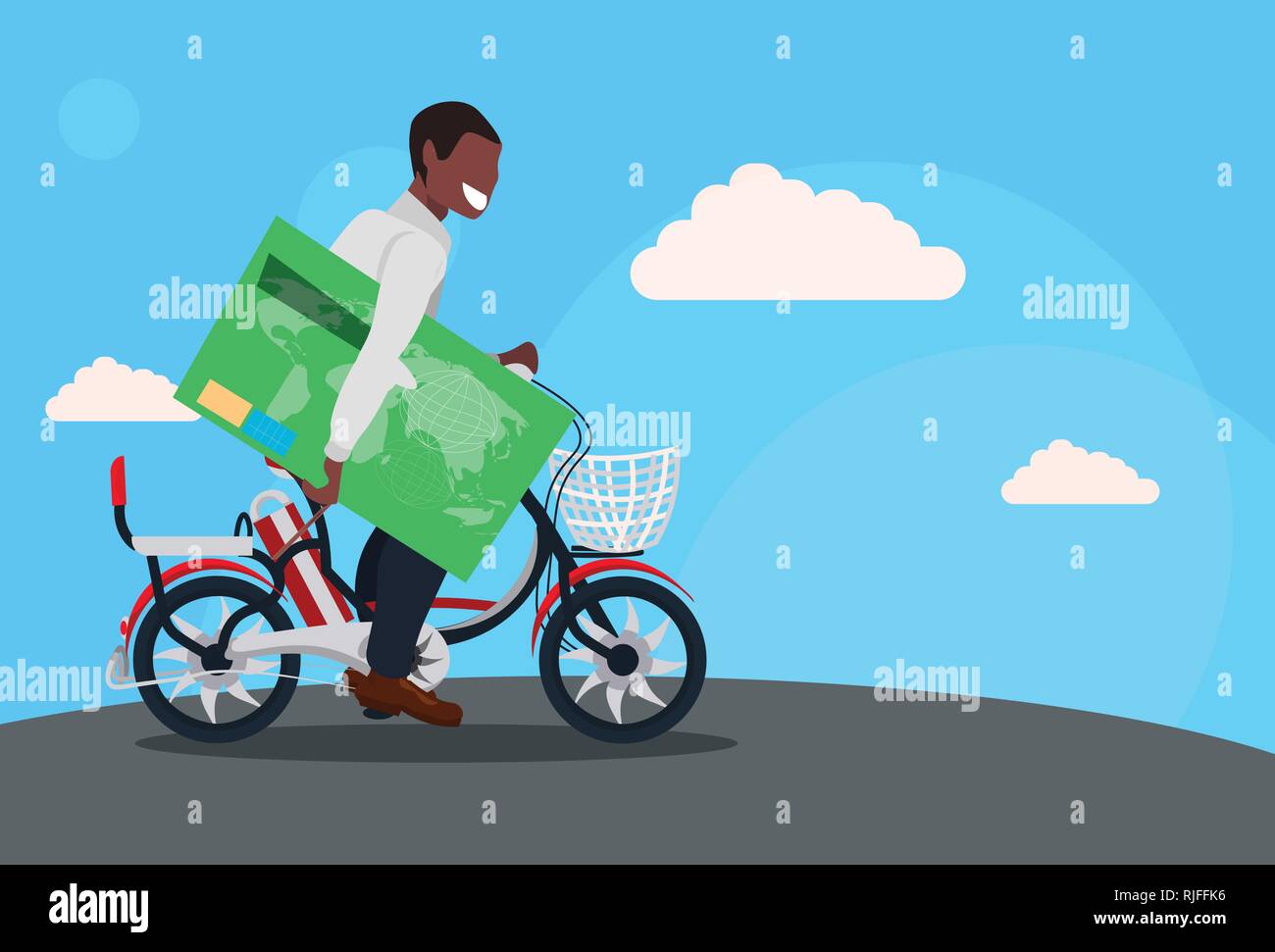 man cycling bicycle holding credit card with chip electronic payment ...