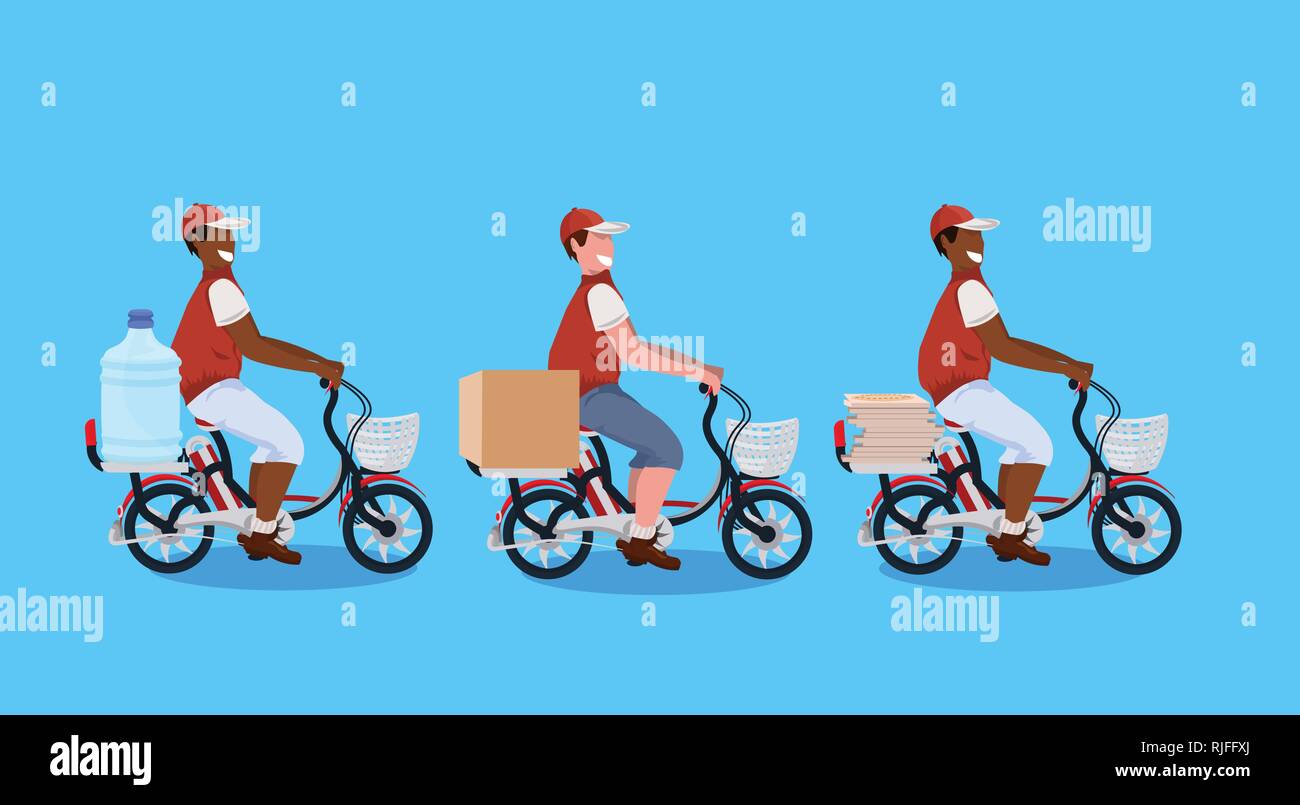 mix race couriers men cycling bicycle carrying parcel box water bottle  pizza express delivery concept guys in uniform riding bike male cartoon  Stock Vector Image & Art - Alamy
