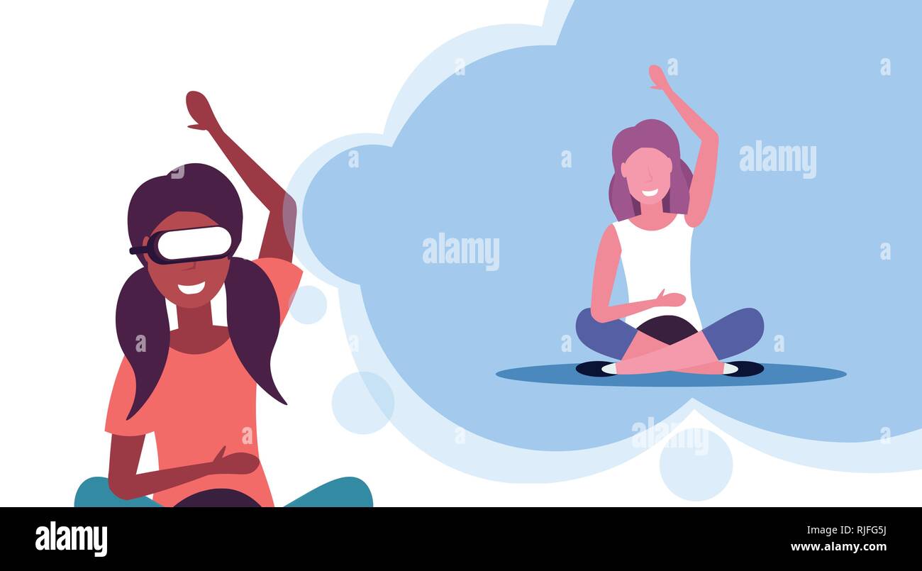 african american girl sitting lotus pose wearing digital glasses