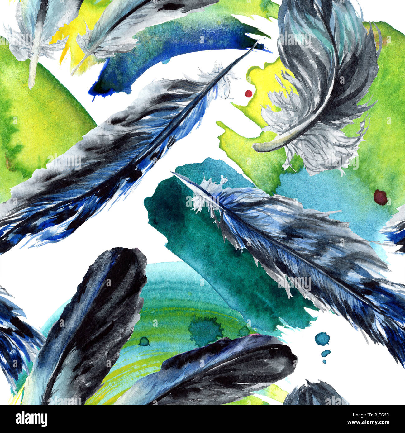 Blue black bird feather from wing isolated. Watercolor background ...