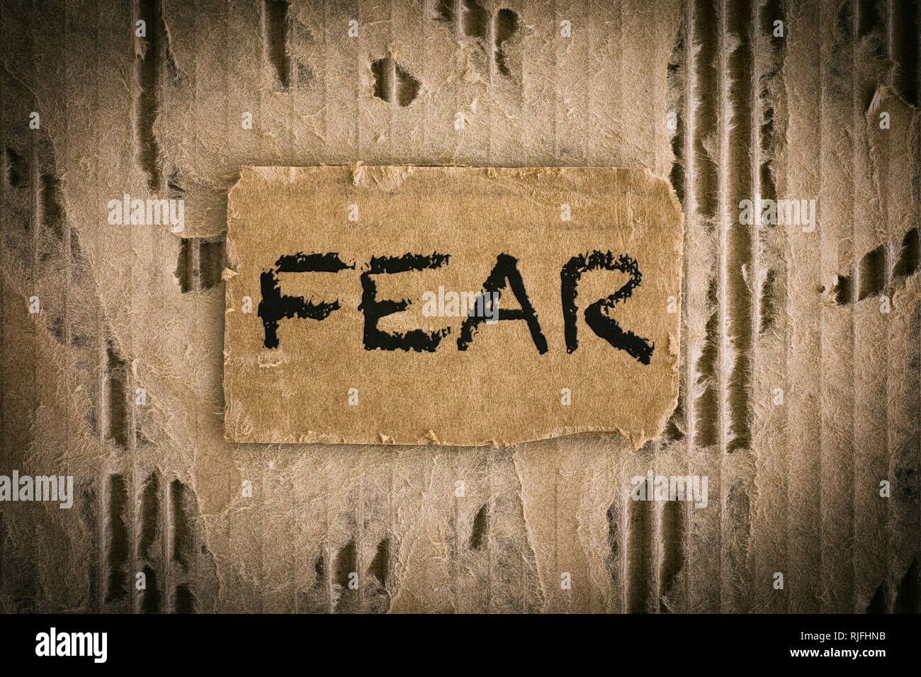 Piece of cardboard with word Fear on tattered corrugated cardboard