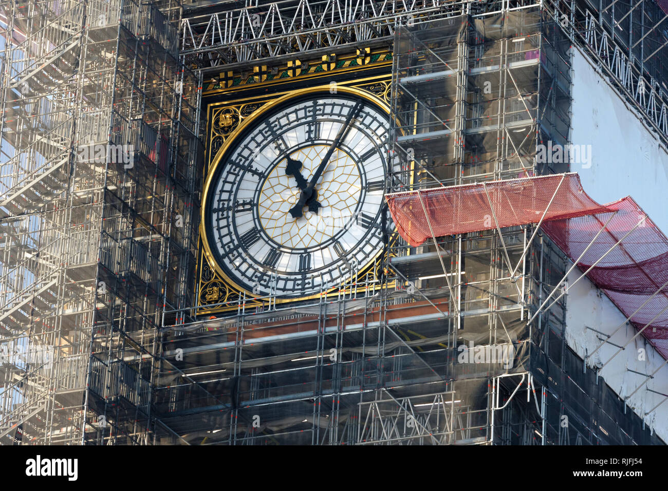 Big Ben clock covered with scaffolding, London, United Kingdom. Stock Photo