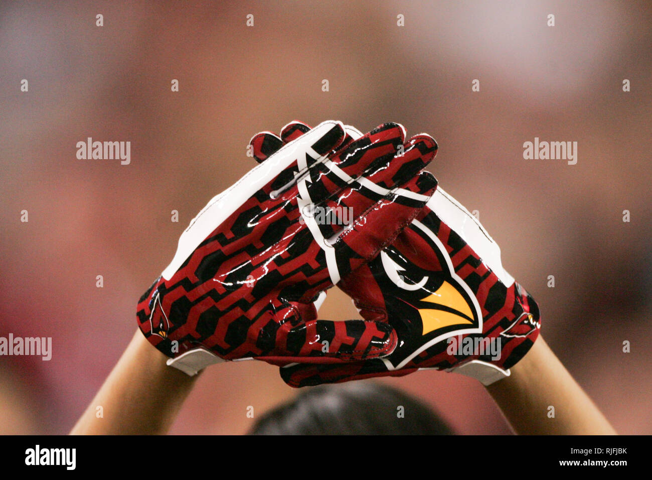 A football fan holds his hands together while wearing NFL wide receiver gloves with the Arizona Cardinals logo displayed. Stock Photo