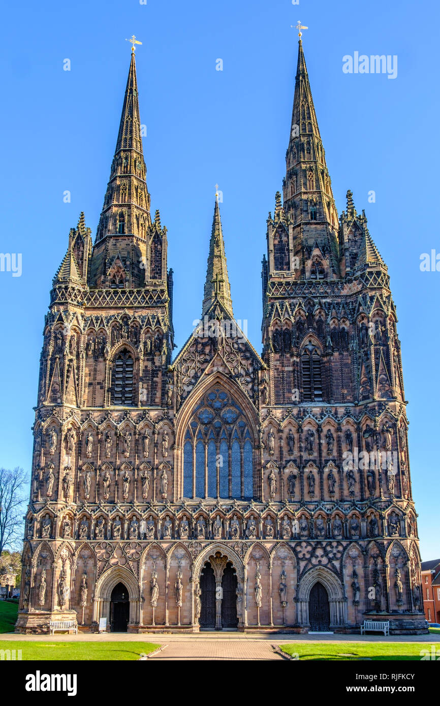 Lichfield Cathedral is the only medieval English cathedral with three spires. Stock Photo
