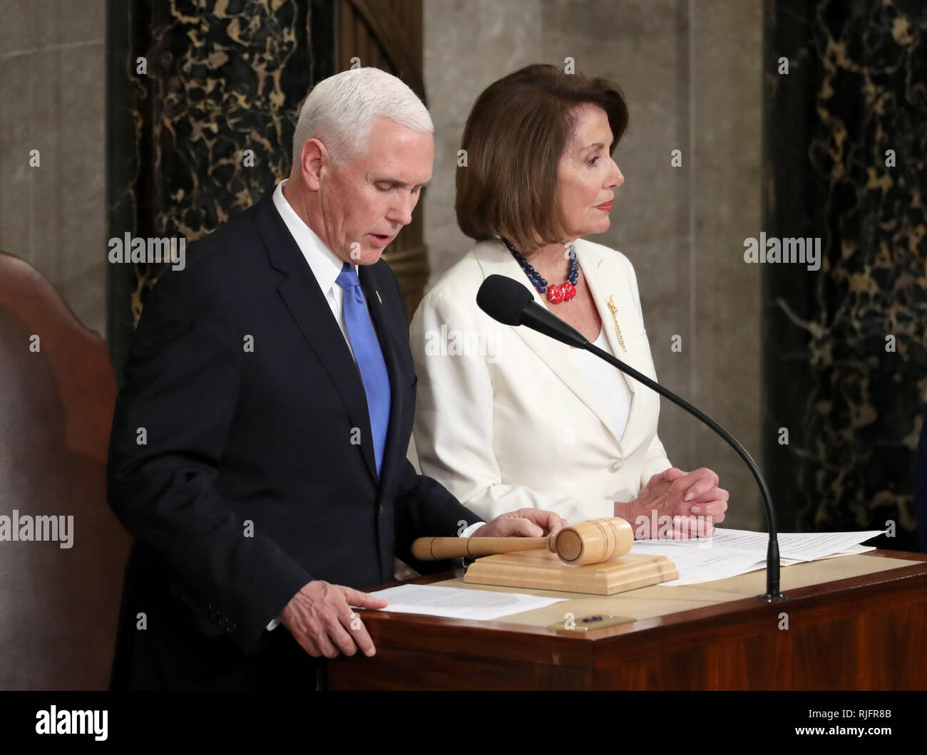 Washington, District of Columbia, USA. 5th Feb, 2019. United States Vice President Mike Pence, left, and Speaker of the US House of Representatives Nancy Pelosi (Democrat of California) prior to US President Donald J. Trump delivering his second annual State of the Union Address to a joint session of the US Congress in the US Capitol in Washington, DC on Tuesday, February 5, 2019 Credit: Alex Edelman/CNP/ZUMA Wire/Alamy Live News Stock Photo