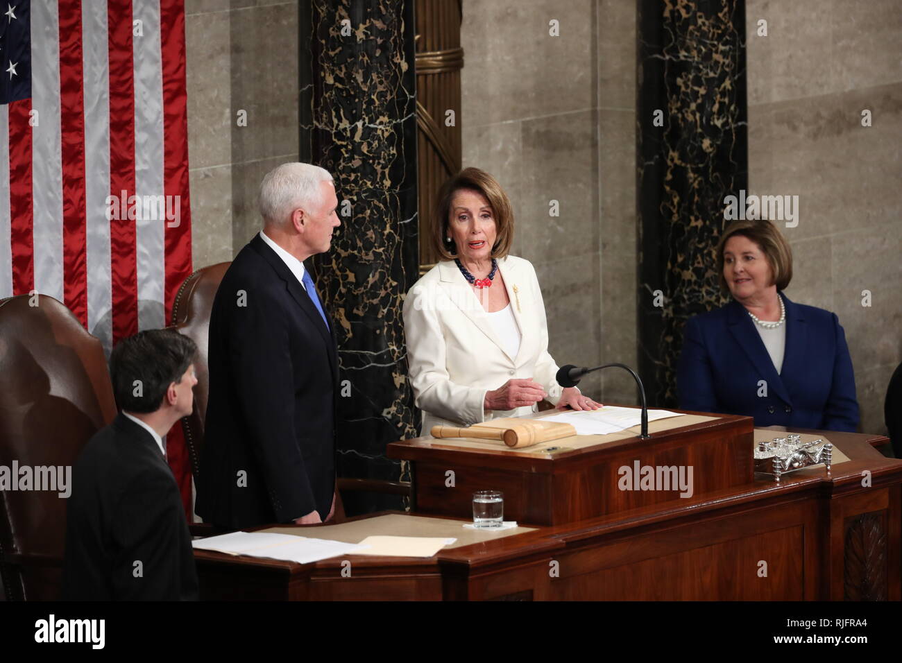 Washington, District of Columbia, USA. 5th Feb, 2019. United States Vice President Mike Pence, left, and Speaker of the US House of Representatives Nancy Pelosi (Democrat of California) prior to US President Donald J. Trump delivering his second annual State of the Union Address to a joint session of the US Congress in the US Capitol in Washington, DC on Tuesday, February 5, 2019 Credit: Alex Edelman/CNP/ZUMA Wire/Alamy Live News Stock Photo