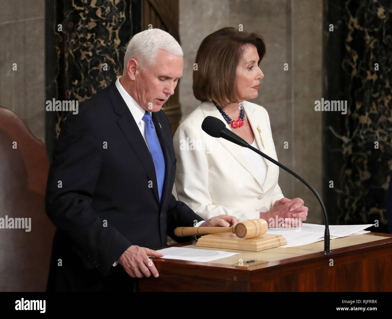 Washington, United States Of America. 05th Feb, 2019. United States Vice President Mike Pence, left, and Speaker of the US House of Representatives Nancy Pelosi (Democrat of California) prior to US President Donald J. Trump delivering his second annual State of the Union Address to a joint session of the US Congress in the US Capitol in Washington, DC on Tuesday, February 5, 2019. Credit: Alex Edelman/CNP | usage worldwide Credit: dpa/Alamy Live News Stock Photo