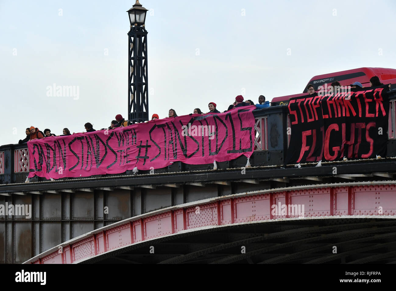 London, UK. 6th February, 2019. Sister Not Cister UK protests demonstration Justice for #Stansted15! Stop the Jamaica Charter Flight! with heavy police present Stop the racist hostile environment drop a banner on Lambeth bridge and march to the Home Office demand to free the #Stansted15 will be Sentencing non-violent peaceful direct action, all of them charged with a terrrorism-related offence that carries a maximum life prison sentence at Chelmsford Crown Court of and Stop deportation, London, UK. 6 Feb 2019. Credit: Picture Capital/Alamy Live News Stock Photo