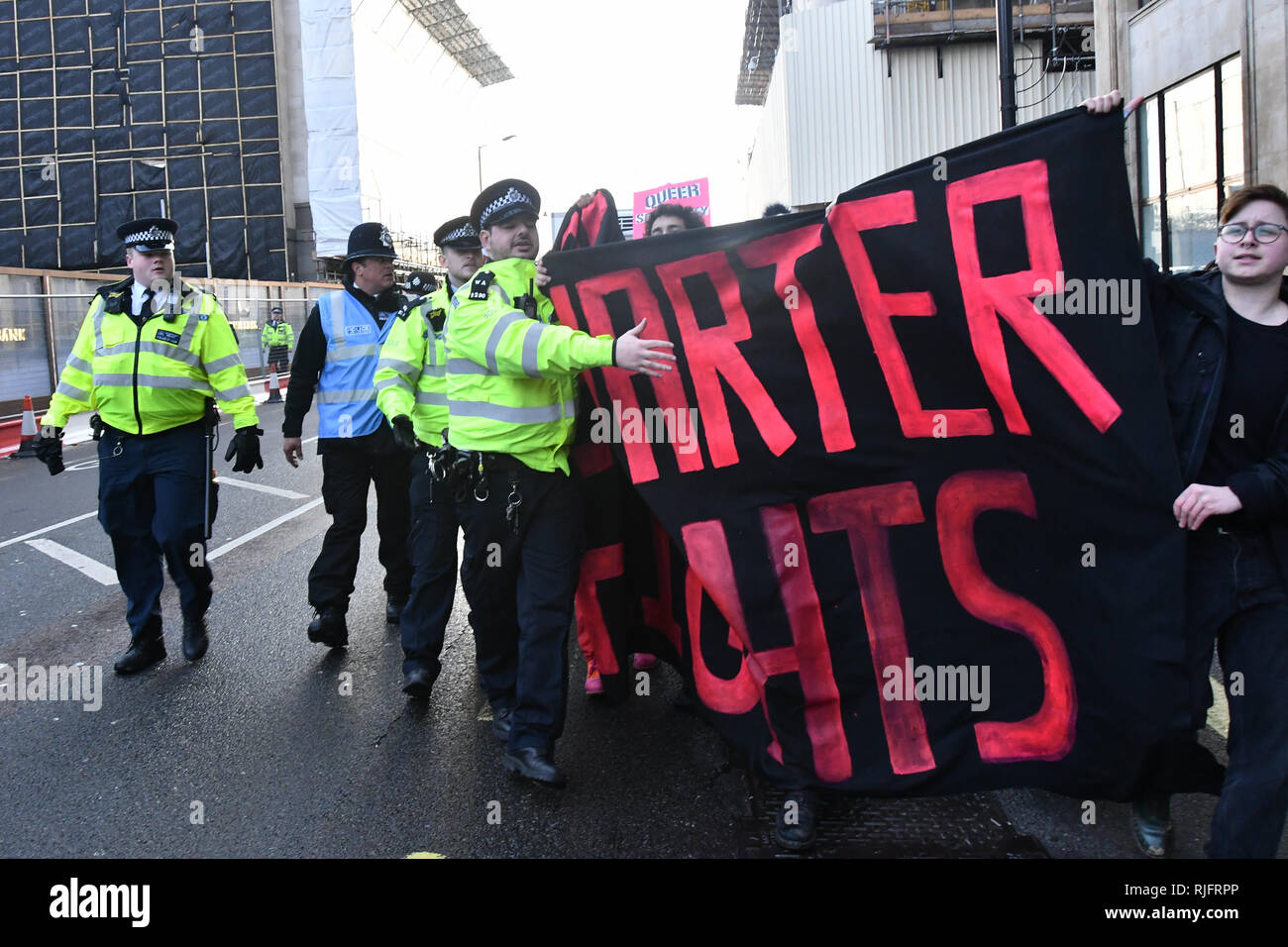 London, UK. 6th February, 2019. Sister Not Cister UK protests demonstration Justice for #Stansted15! Stop the Jamaica Charter Flight! with heavy police present Stop the racist hostile environment drop a banner on Lambeth bridge and march to the Home Office demand to free the #Stansted15 will be Sentencing non-violent peaceful direct action, all of them charged with a terrrorism-related offence that carries a maximum life prison sentence at Chelmsford Crown Court of and Stop deportation, London, UK. 6 Feb 2019. Credit: Picture Capital/Alamy Live News Stock Photo