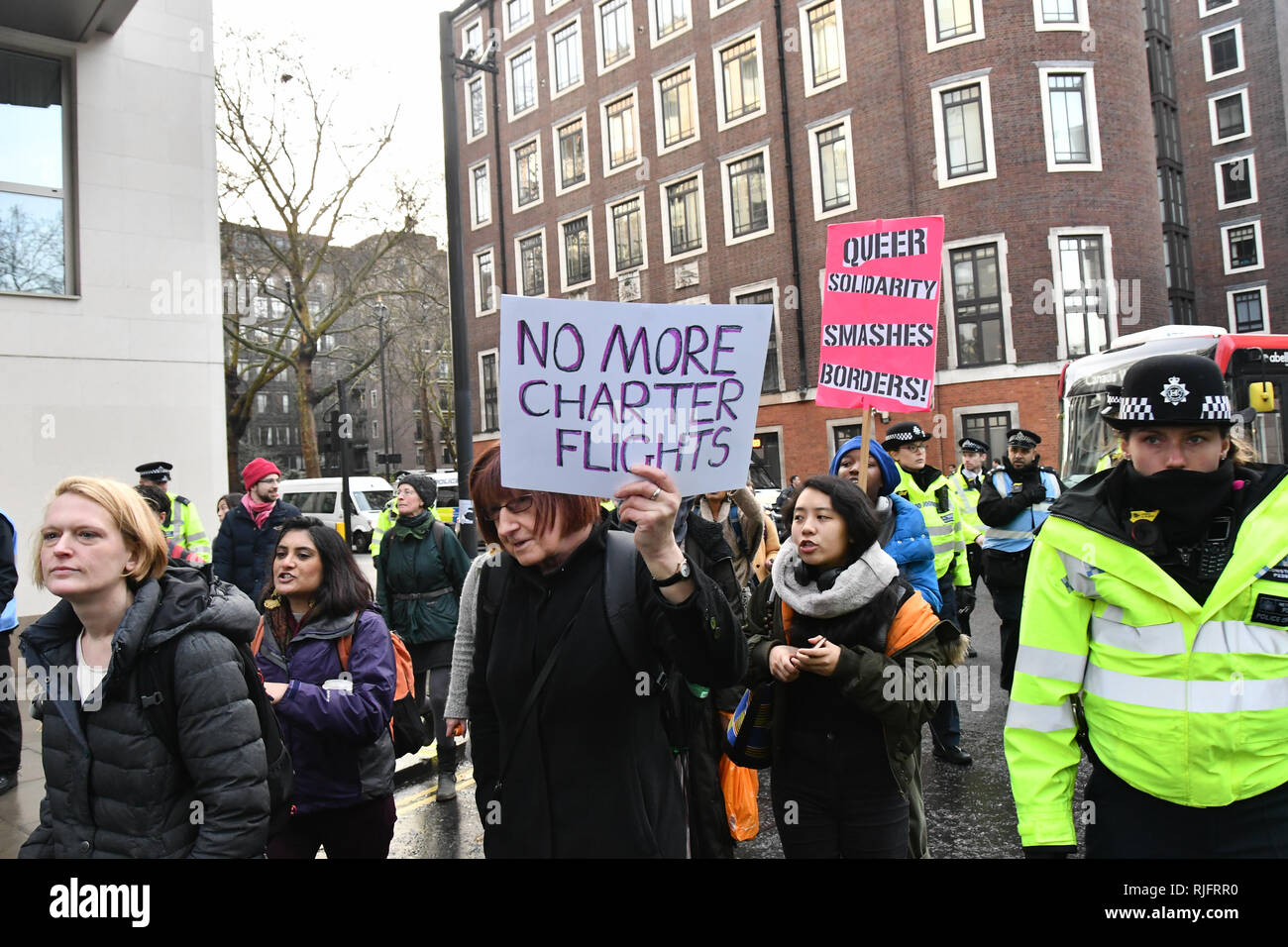 London, UK. 6th February, 2019. Sister Not Cister UK protests demonstration Justice for #Stansted15! Stop the Jamaica Charter Flight! with heavy police present Stop the racist hostile environment drop a banner on Lambeth bridge and march to the Home Office demand to free the #Stansted15 will be Sentencing non-violent peaceful direct action, all of them charged with a terrrorism-related offence that carries a maximum life prison sentence at Chelmsford Crown Court of and Stop deportation, London, UK. 6 Feb 2019. Credit: Picture Capital/Alamy Live News Stock Photo