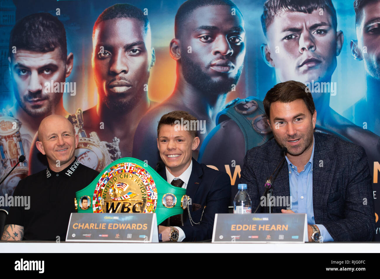 London, UK. 6th Feb 2019. Grant Smith (L), Charlie Edwards (C) and Eddie Hearn (R) during  Edwards vs Moreno - WBC World Flyweight Title Press Conference at Grange City Hotel on Wednesday, 06 February 2019. LONDON, ENGLAND. (Editorial use only, license required for commercial use. No use in betting, games or a single club/league/player publications.) Credit: Taka G Wu/17�Թ����� News Stock Photo