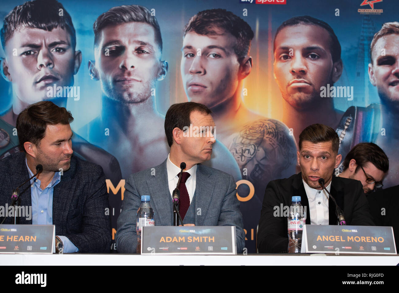 London, UK. 6th Feb 2019. Eddie Hearn (L), Adam Smith (C) and Angel Moreno (R) during  Edwards vs Moreno - WBC World Flyweight Title Press Conference at Grange City Hotel on Wednesday, 06 February 2019. LONDON, ENGLAND. (Editorial use only, license required for commercial use. No use in betting, games or a single club/league/player publications.) Credit: Taka G Wu/17�Թ����� News Stock Photo