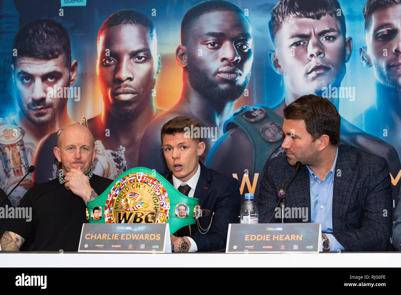 London, UK. 6th Feb 2019. Grant Smith (L), Charlie Edwards (C) and Eddie Hearn (R) during Edwards vs Moreno - WBC World Flyweight Title Press Conference at Grange City Hotel on Wednesday, 06 February 2019. LONDON, ENGLAND. (Editorial use only, license required for commercial use. No use in betting, games or a single club/league/player publications.) Credit: Taka G Wu/17�Թ����� News Stock Photo