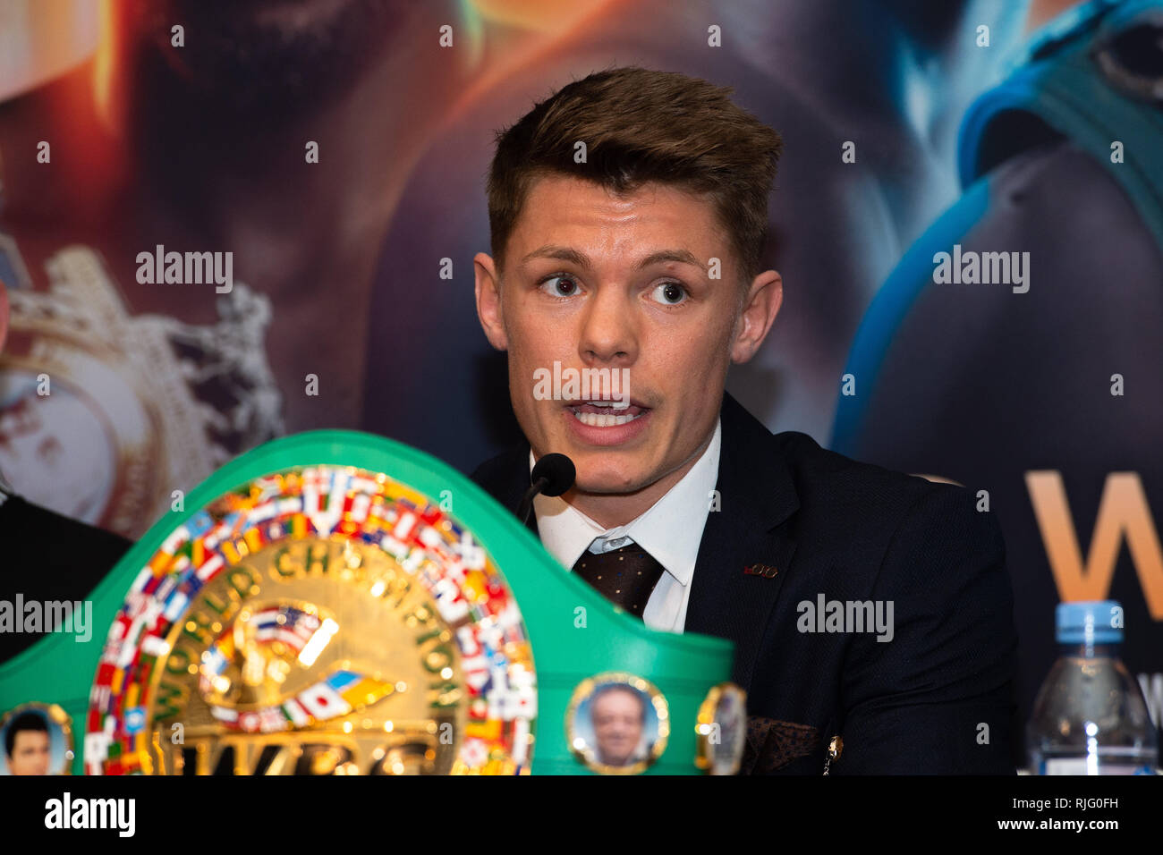 London, UK. 6th Feb 2019. Charlie Edwards and Angle Moreno during  Edwards vs Moreno - WBC World Flyweight Title Press Conference at Grange City Hotel on Wednesday, 06 February 2019. LONDON, ENGLAND. (Editorial use only, license required for commercial use. No use in betting, games or a single club/league/player publications.) Credit: Taka G Wu/Alamy News Stock Photo